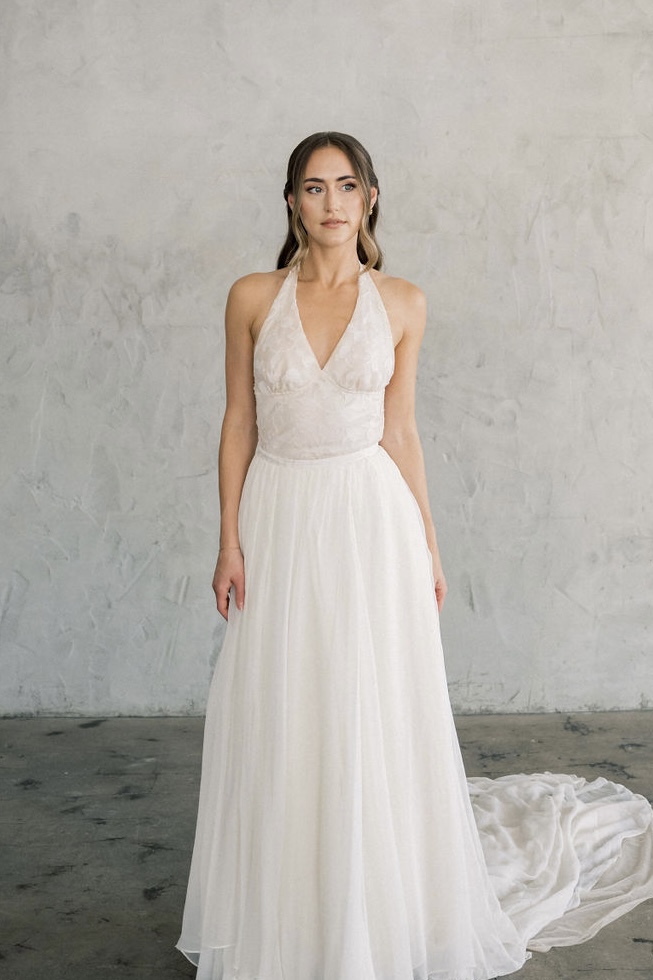 Custom silk halter wedding gown with tulle skirt — Blár Studio
